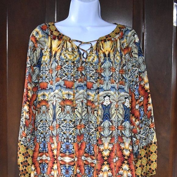 Olive Hill Boho Blouse Size Medium Long Sleeve Colorful Flowy Top Festival - Picture 2 of 16